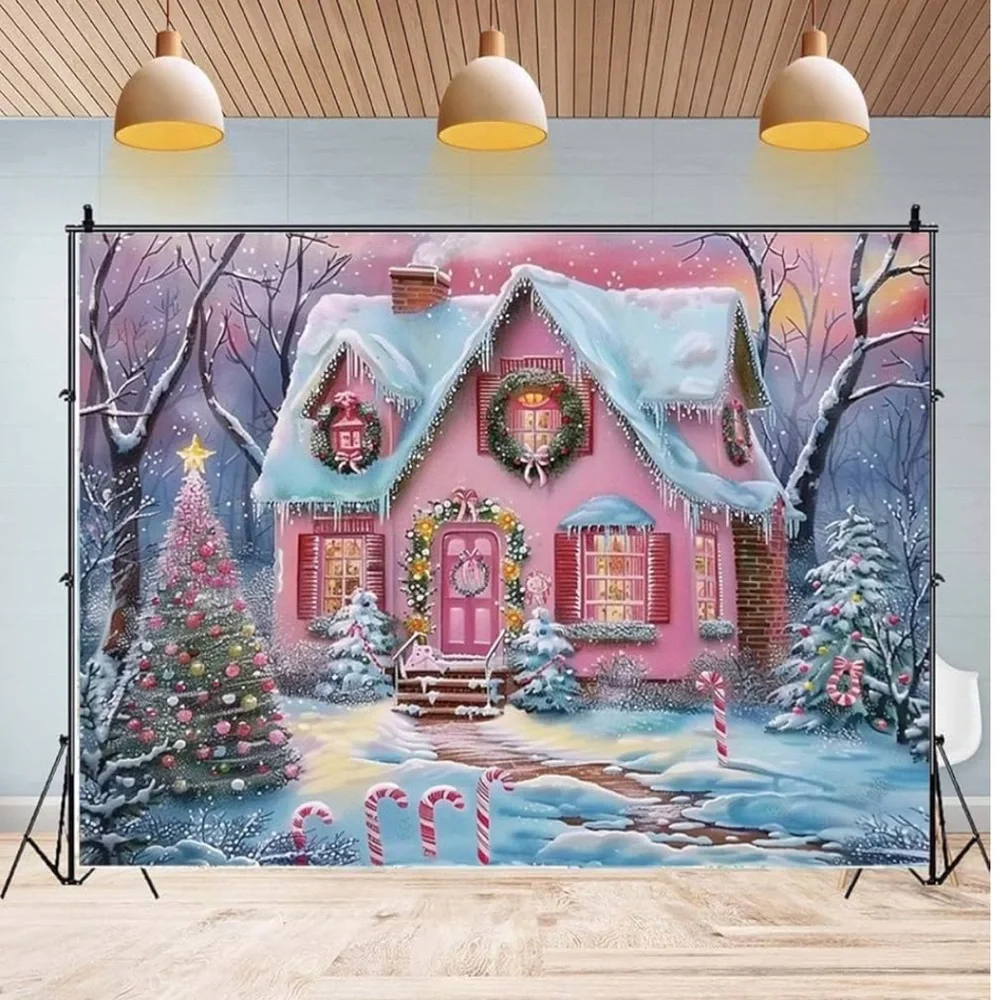 Pink Merry Christmas Gingerbread House Backdrop,5 x 7